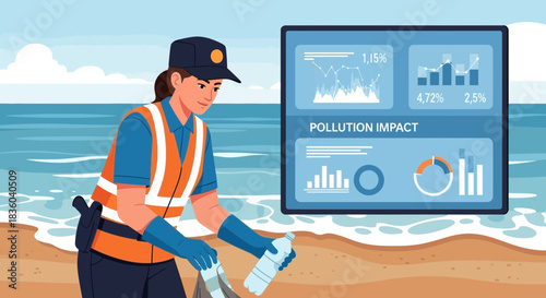 Beach Cleanup Volunteer with Pollution Impact Data Visualization on Display