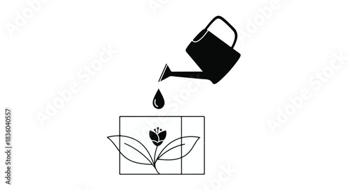 Black and white illustration of watering can pouring water on growing plant in square pot for eco friendly growth concept