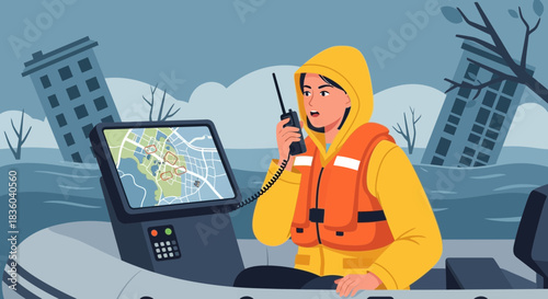 Rescuer navigates flooded city with gps and radio amid post-disaster landscape