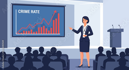 Illustrative presentation on crime rate trends with a speaker addressing audience