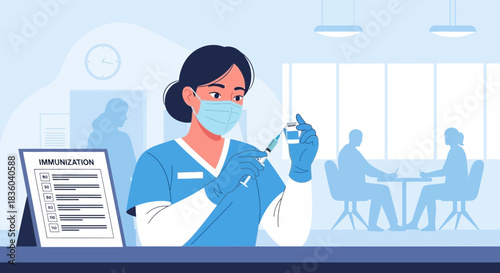 Illustration of a healthcare worker preparing a vaccine dose in a clinic setting