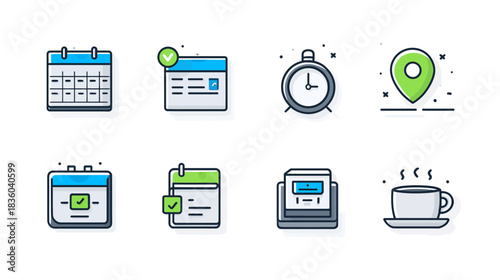 Business and Productivity Icons Set: Calendar, Clock, Location Pin, Planning, Time Management & Event Schedule Vector Illustration