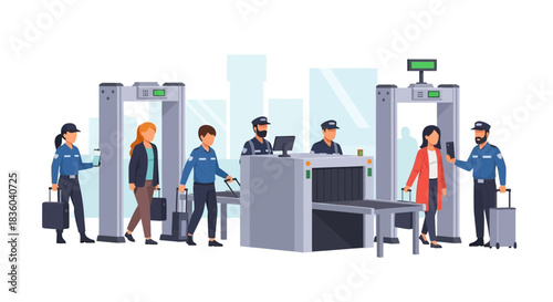 Streamlined vector illustration of airport security check and passenger flow