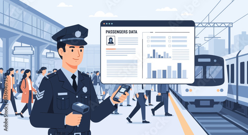 Modern public safety: Security officer utilizing data analytics at train station