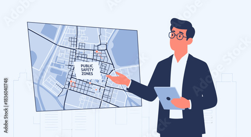 Man presenting public safety zones map with tablet in urban planning setting