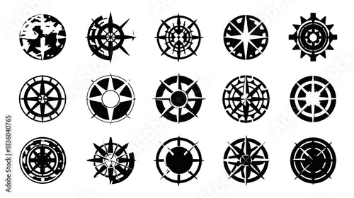 Black and white compass rose and nautical star vector icons set. Geometric navigation symbols, abstract travel and direction elements.