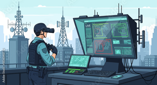 Futuristic surveillance concept showcasing advanced technology and security enforcement