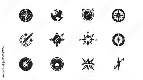 Vector set of black and white compass icons for navigation, travel, exploration, and adventure. Includes various styles of directional symbols and a globe.
