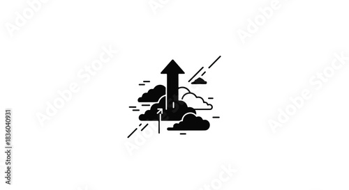 Bold arrow symbol soaring upwards through stylized clouds, representing growth and ambition.