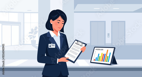 Hotel Receptionist Verifying Guest Details Against Access Log in a Modern Lobby