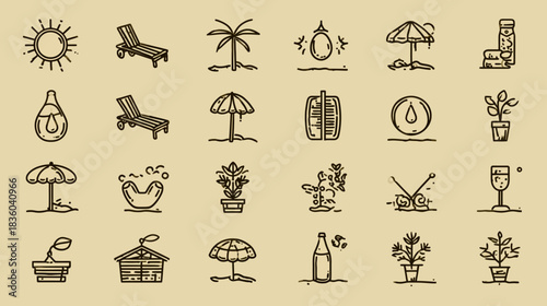 Rustic Hand-drawn Nature and Summer Icons Set. Doodle Style Garden, Leisure, and Outdoor Relaxation Elements.
