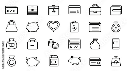 Collection of outline financial and banking icons. Money management, credit cards, savings, shopping, and business economy vector illustrations.