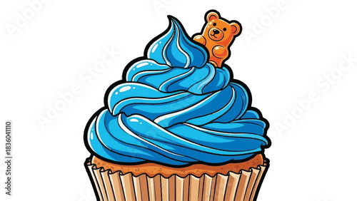 A delightful blue frosted cupcake with a cute teddy bear on top.