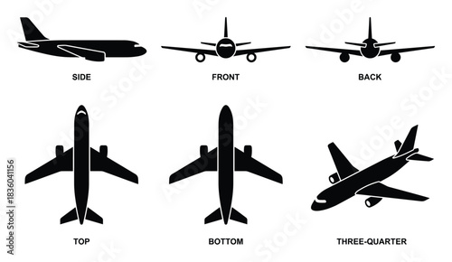 Aviation Schematics: Depiction of Airplane in Various Positions - Black on White