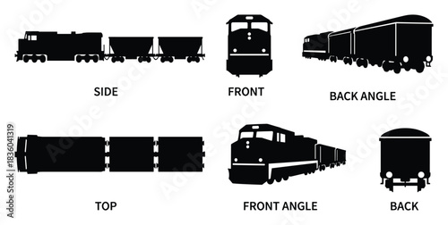 A Detailed Vector Silhouette Illustration of a Modern Freight Train. Six Views.