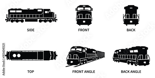Diesel Electric Locomotive Views: Side, Front, Back, Top, and Angle Renderings
