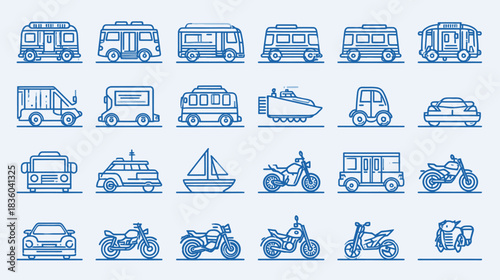 Diverse set of transportation vehicles and modes of transport icons in modern blue monoline outline style. Includes cars, buses, motorcycles, boats, and more.
