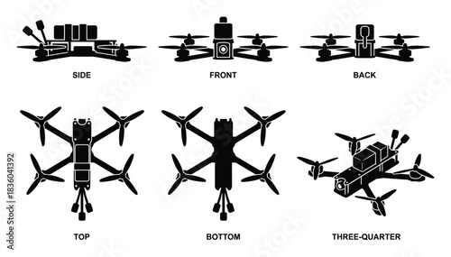 Detailed Technical Illustration of an FPV Racing Drone from Multiple Views