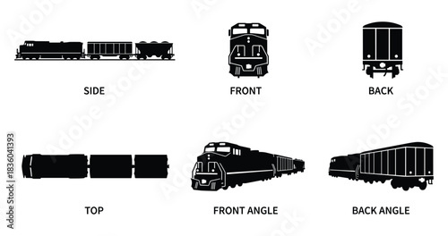 Detailed Black Vector Illustration: Views of Train with Hopper Cars