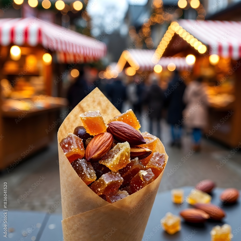 Fototapeta premium Fruits and Roasted Almonds in Paper Cone at Magical Christmas Market – Warm Bokeh Lights Background