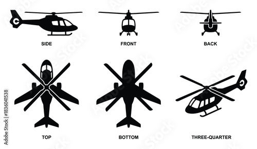 Helicopter Views: Detailed Silhouettes from Various Angles on White Backdrop