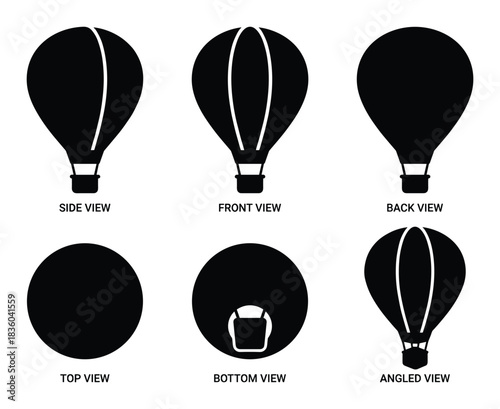 Conceptual Hot Air Balloon Views Vector Icon Set; Side Front Back Top Bottom