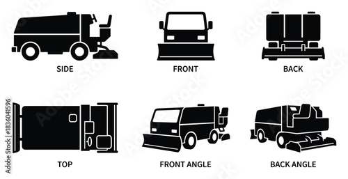 Precise street sweeper vector graphics showcasing multiple perspectives