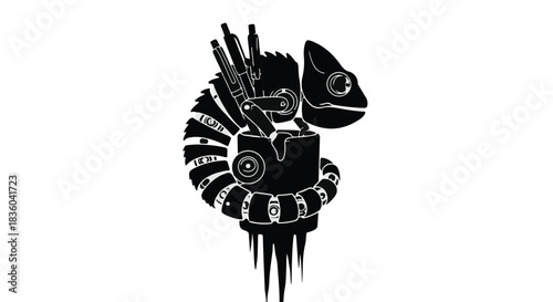 Futuristic mechanical chameleon with intricate gears and robotic tail coiled around a post.