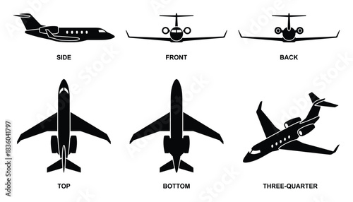 Private Jet Aircraft Vector Illustration: Side, Front, Back, Top, and Bottom Views