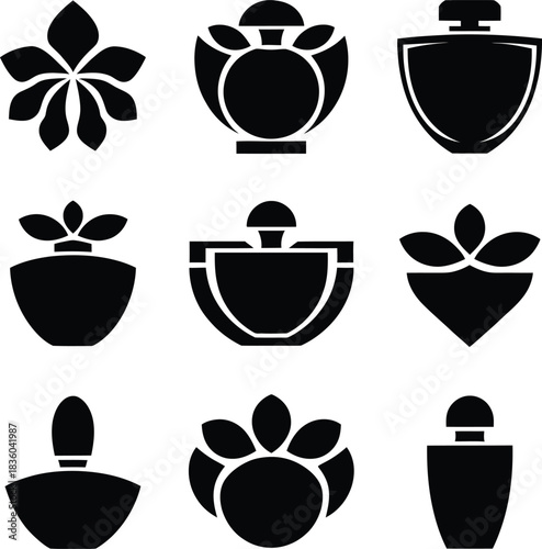 Black lotus flower vector icon set for spirituality and wellness isolated on white background, illustration