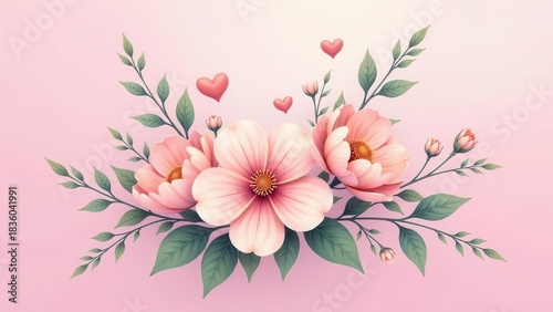 Delicate pastel floral arrangement with whimsical hearts floating amidst soft green foliage