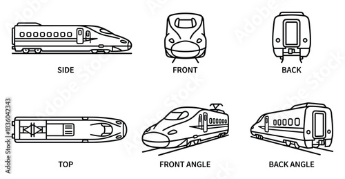 Vector blueprint illustration depicting a contemporary streamlined train