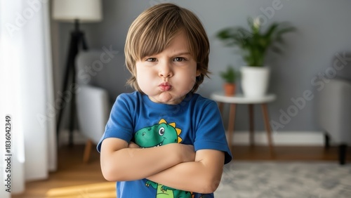 Young boy in living room with dinosaur shirt expressing displeasure and frustration