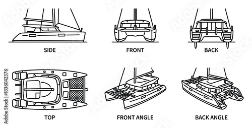 Detailed boat catamaran technical drawing, various perspectives of the boat.