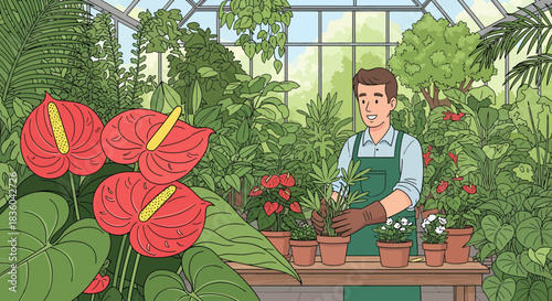 Illustrative depiction of a cheerful gardener amidst lush flora in a greenhouse haven