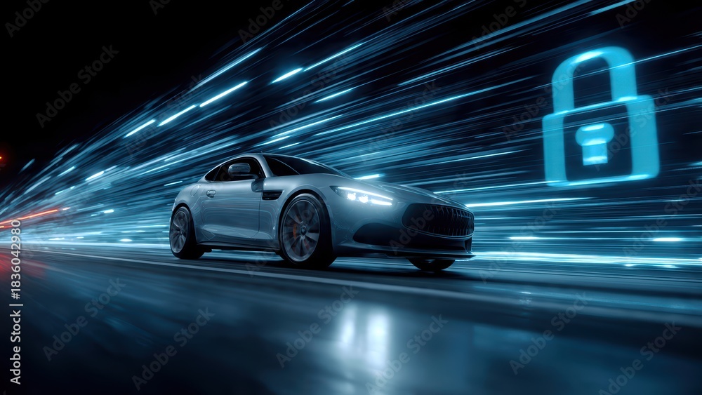 Fototapeta premium Car cybersecurity concept in a glowing digital network environment