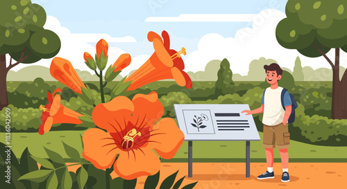 Exploring botanical garden, learning about trumpet vine, nature education scene