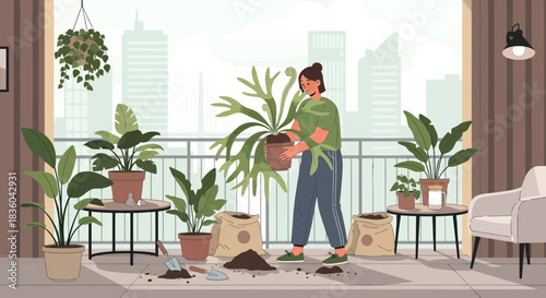 Woman potting plants on balcony apartment, creating urban sanctuary and green space