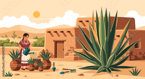 Illustration depicting a woman watering plants in a desert landscape adobe house