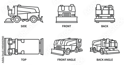 Industrial Sweeper Machine Blueprint: Side, Front, Back, Top, Angle Views