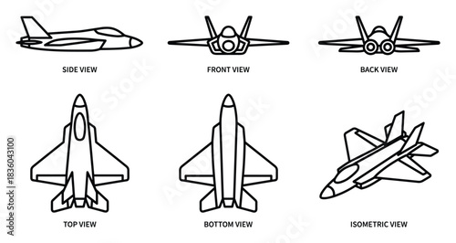 Technical Drawing of Fighter Jet Airplane: Side, Front, Back, Top, Bottom, Isometric