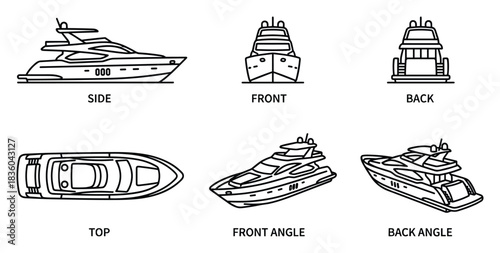 Detailed illustration of a yacht shown from side, front, back and angles.
