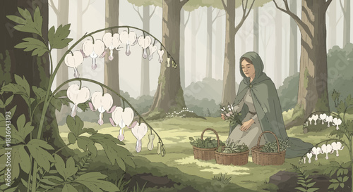 Mystical forest scene featuring a woman gathering herbs with Bleeding Heart flowers