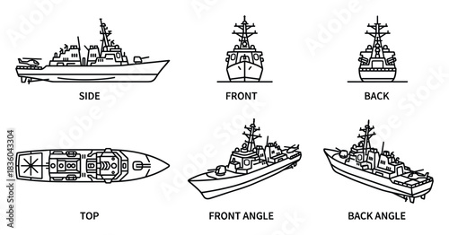 Detailed Schematics: A Modern Destroyer Ship Displayed From Different Angles