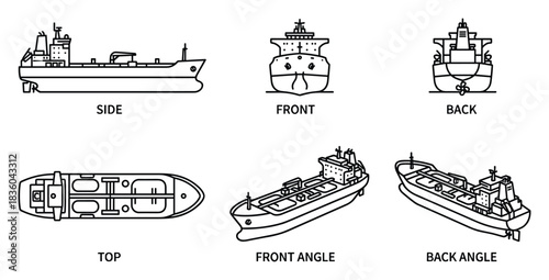Technical Illustration of Tanker Ship in Different Views and Angles