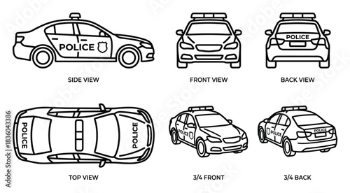 Police Cruiser Illustration: Multiple Angles of Vehicle Outline Concept