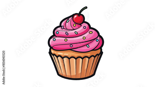 Delicious pink cupcake with cherry on top, sweet dessert treat.