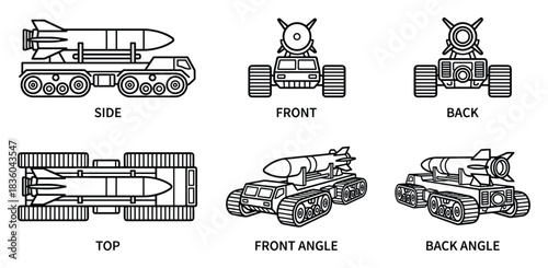 Detailed Schematic of a Mobile Missile Launcher Vehicle, Six Angled Views