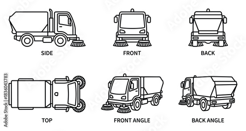 Vector Illustration of a Street Sweeper Truck from Different Views.