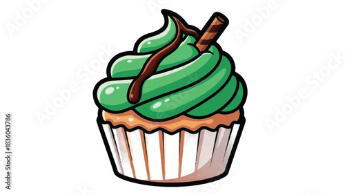Delicious green frosted cupcake with chocolate drizzle and a wafer stick.